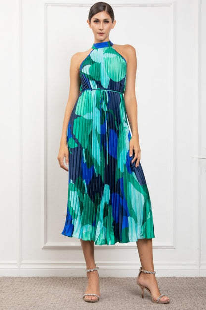 PRINTED PLEATED HALTER NECK MIDI DRESS