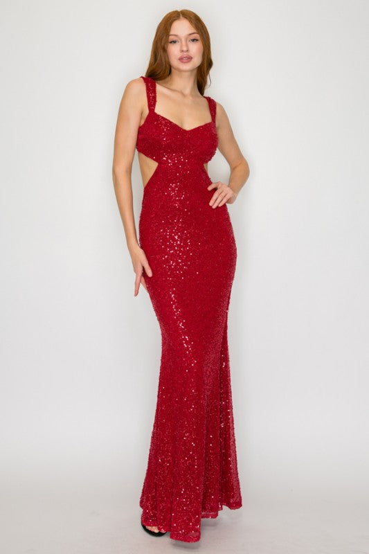 BEADED SEQUIN MAXI COCKTAIL DRESS WITH SIDE CUT-OUTS