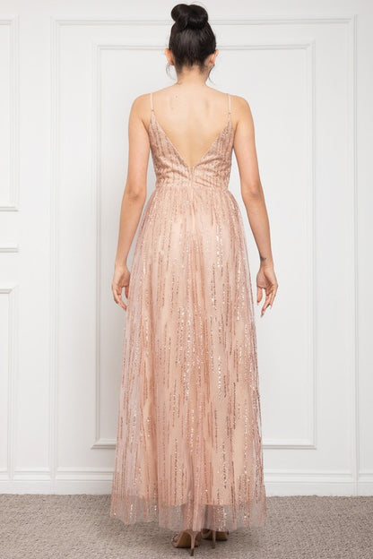 DEEP V NECK SPAGHETTI STRAP SEQUINED MAXI COCKTAIL DRESS