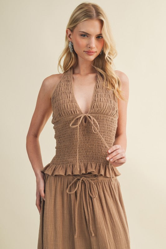 SMOCKED HALTER TOP