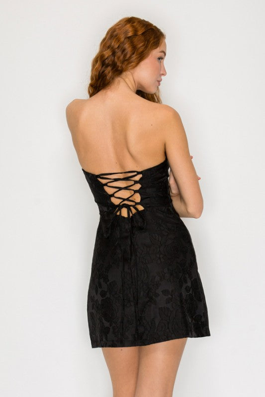 FLORAL JACQUARD STRAPLESS MINI PARTY DRESS