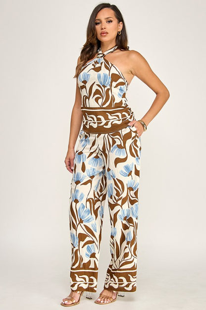 PRINTED HALTER NECK OPEN TIE DETAIL TOP W/PANTS SET