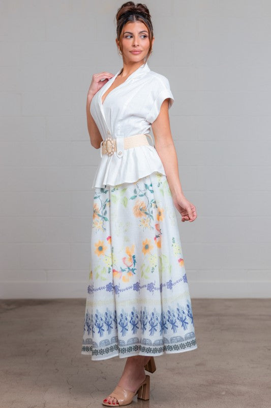 BELTED FLORAL PRINTED MIDI DRESS