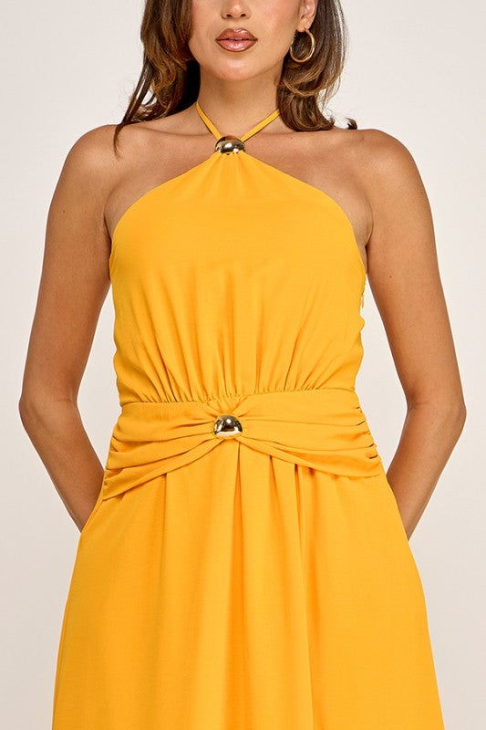 HALTER NECK MAXI DRESS WITH GOLD METAL TRIMS