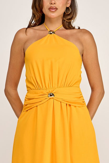 HALTER NECK MAXI DRESS WITH GOLD METAL TRIMS