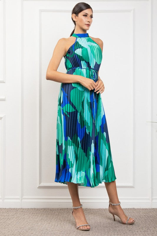 PRINTED PLEATED HALTER NECK MIDI DRESS