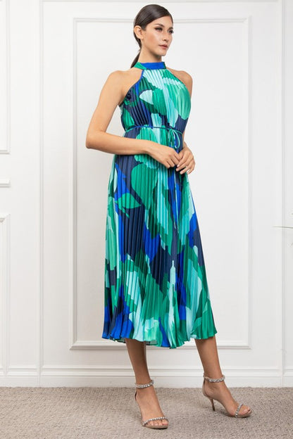 PRINTED PLEATED HALTER NECK MIDI DRESS