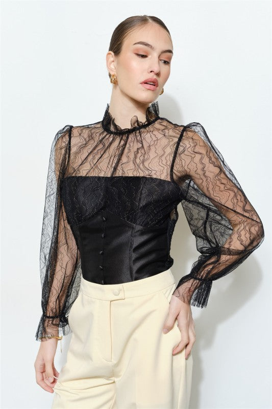 LUXE LACE MOCK NECK LONG SLEEVES BLOUSE