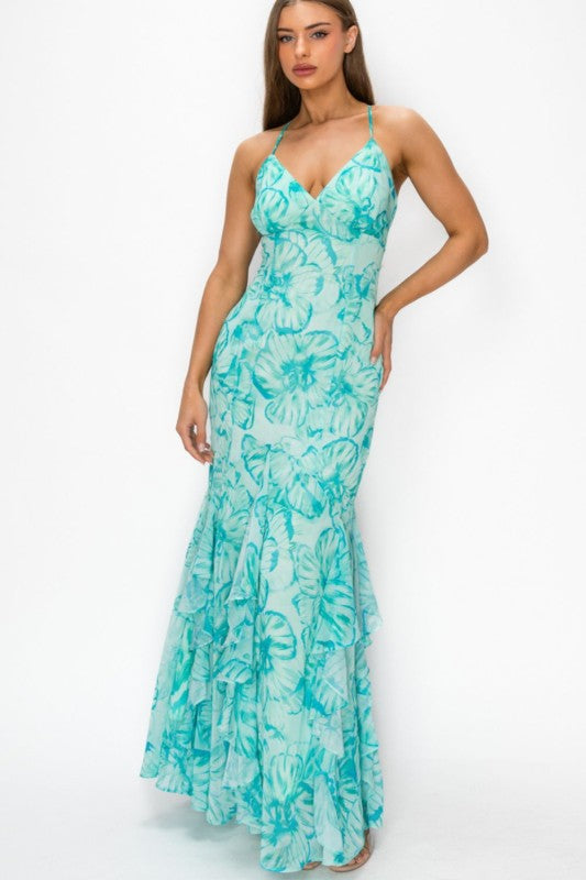 FLORAL HALTER PRINTED MAXI DRESS WITH OPEN BACK