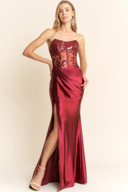 SHEER SEQUIN BODICE MAXI COCKTAIL DRESS