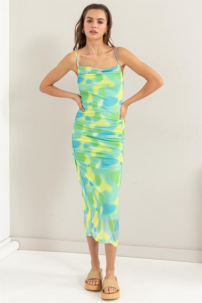 MESH TIE-DYE RUCHED DRESS