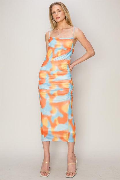 MESH TIE-DYE RUCHED DRESS