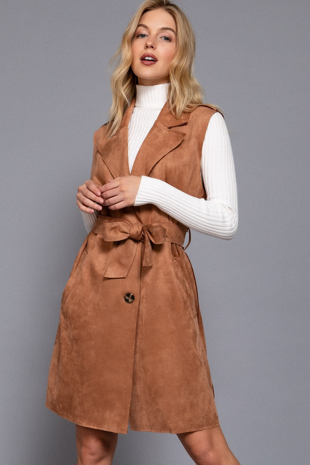 NOTCHED COLLAR BELTED FAUX SUEDE VEST