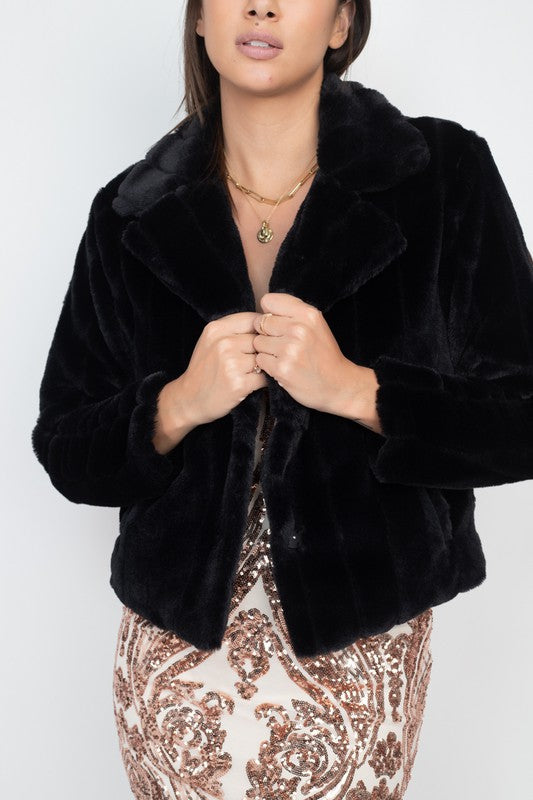 Collared Stripe Faux Fur Coat