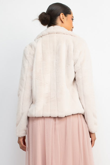 Collared Stripe Faux Fur Coat