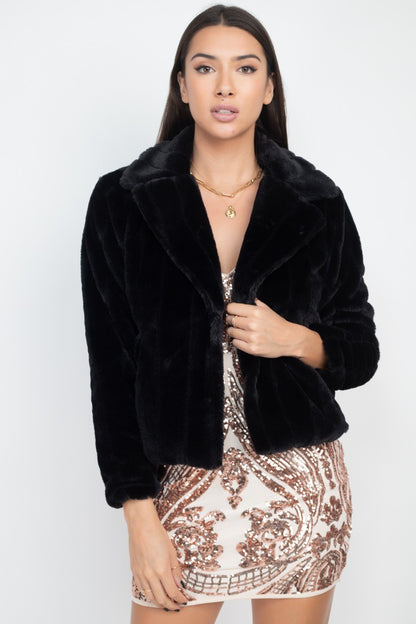 Collared Stripe Faux Fur Coat