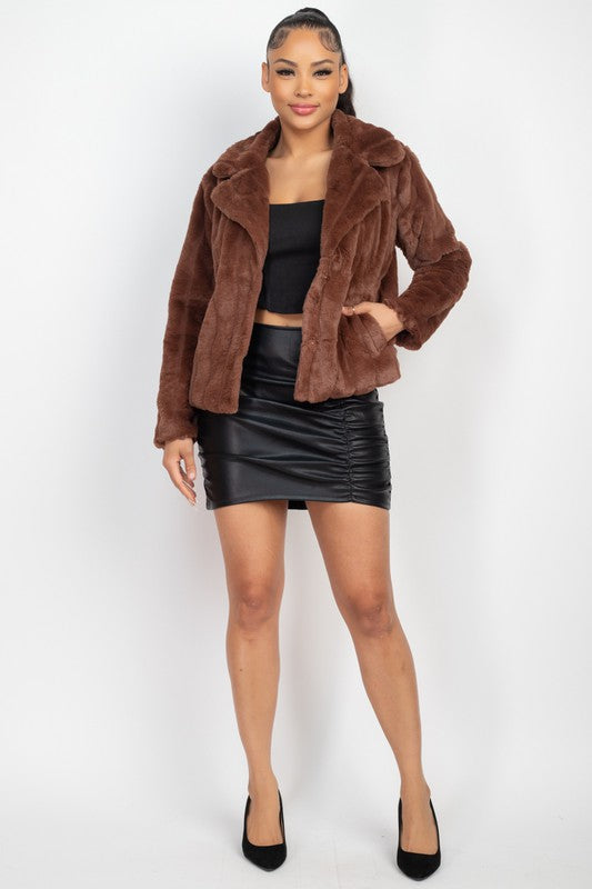 Collared Stripe Faux Fur Coat