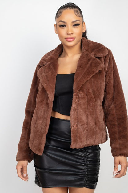 Collared Stripe Faux Fur Coat