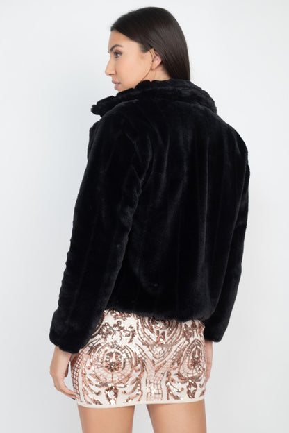 Collared Stripe Faux Fur Coat