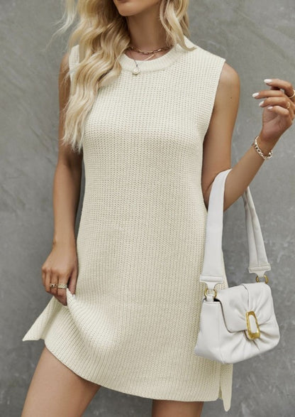 Round Neck Tie Belt Sleeveless Sweater Mini Dress