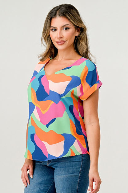 V Neck Loose Short Sleeve Blouse