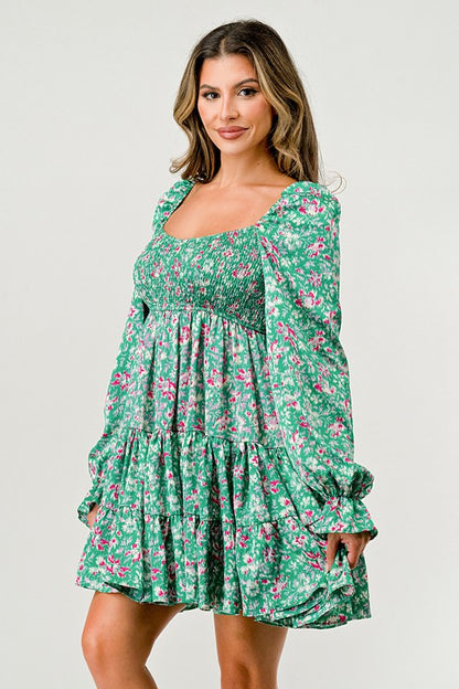 SATIN SMOCKED PRINTED DRESS