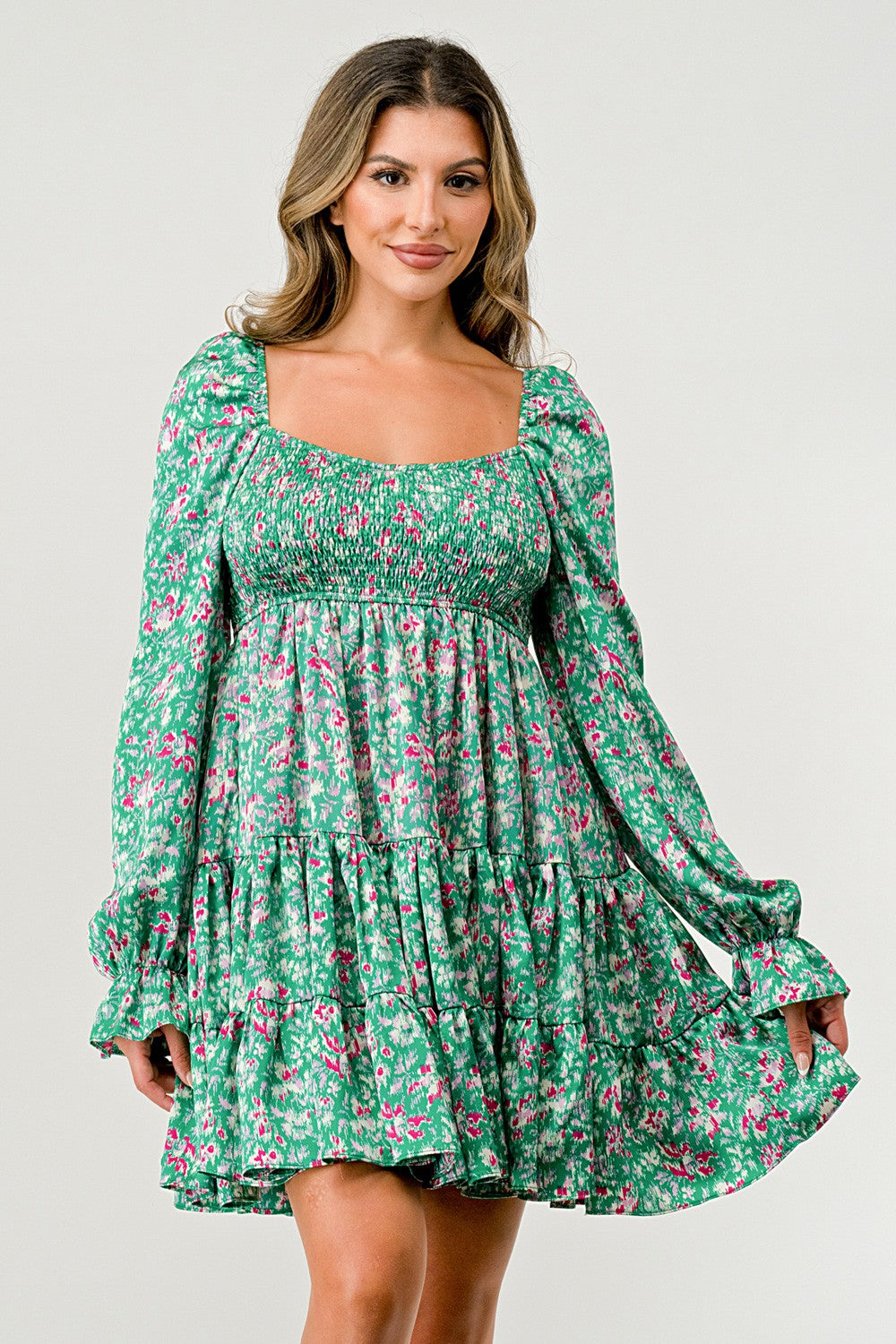 SATIN SMOCKED PRINTED DRESS