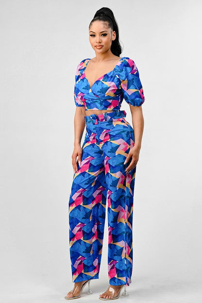 Tropical Print Short Sleeve and Long Pants set