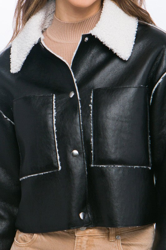 DOUBLE FACED CROPPED FAUX LEATHER JACKET