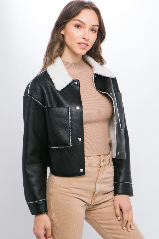 DOUBLE FACED CROPPED FAUX LEATHER JACKET