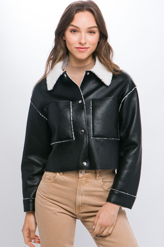 DOUBLE FACED CROPPED FAUX LEATHER JACKET