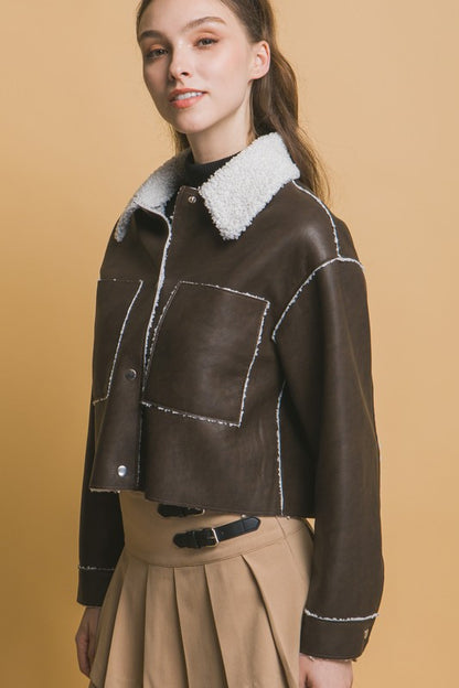 DOUBLE FACED CROPPED FAUX LEATHER JACKET