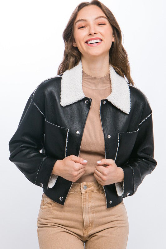 DOUBLE FACED CROPPED FAUX LEATHER JACKET