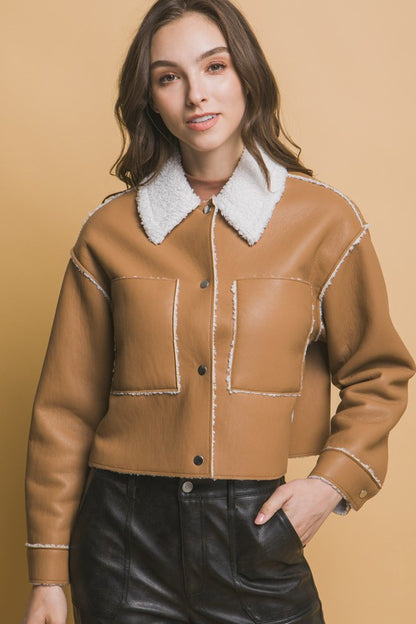 DOUBLE FACED CROPPED FAUX LEATHER JACKET