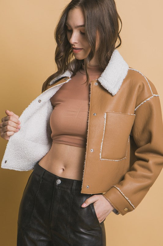 DOUBLE FACED CROPPED FAUX LEATHER JACKET