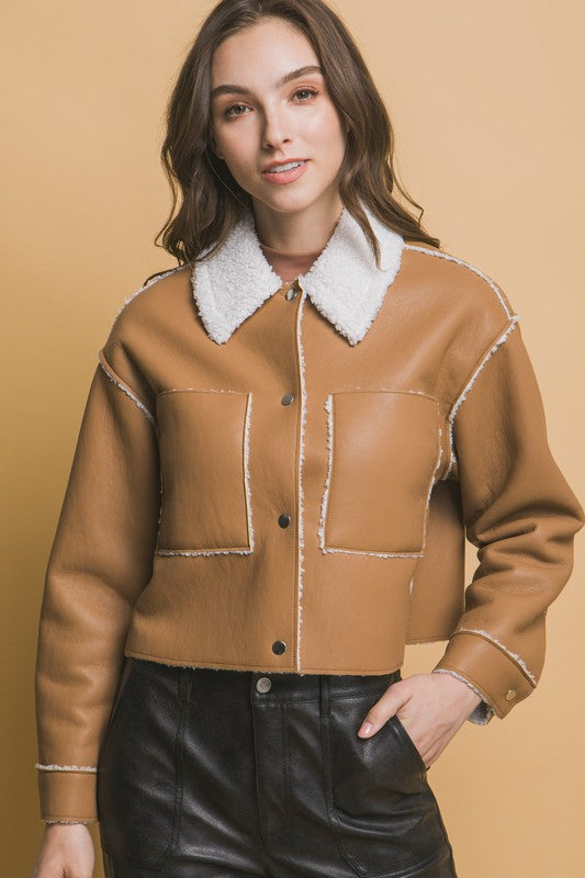 DOUBLE FACED CROPPED FAUX LEATHER JACKET