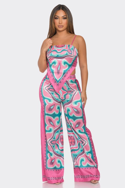 PATTERN PRINT SATIN TOP AND PANTS SET