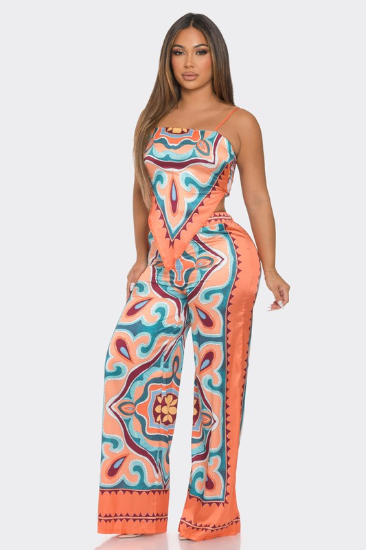 PATTERN PRINT SATIN TOP AND PANTS SET