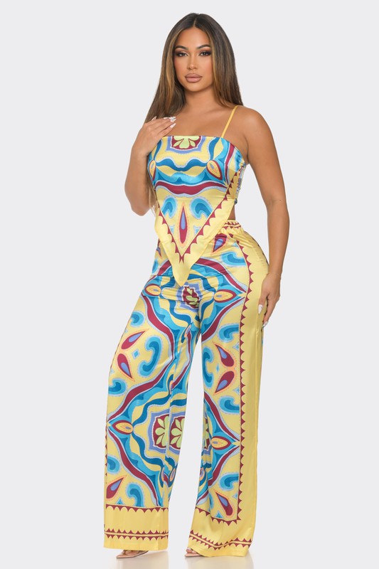 PATTERN PRINT SATIN TOP AND PANTS SET