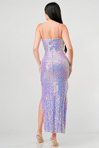 HOLOGRAM SEQUINS SWEETHEART KEYHOLE MAXI DRESS