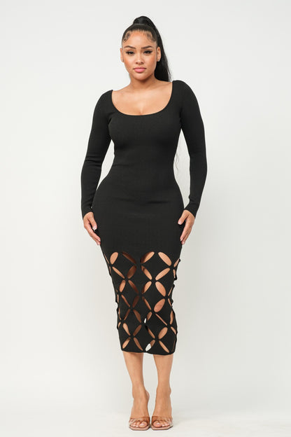 LONG SLEEVE DIAMOND CUT OUT MIDI Knit DRESS