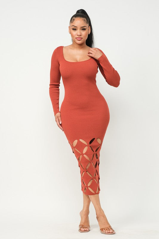 LONG SLEEVE DIAMOND CUT OUT MIDI Knit DRESS