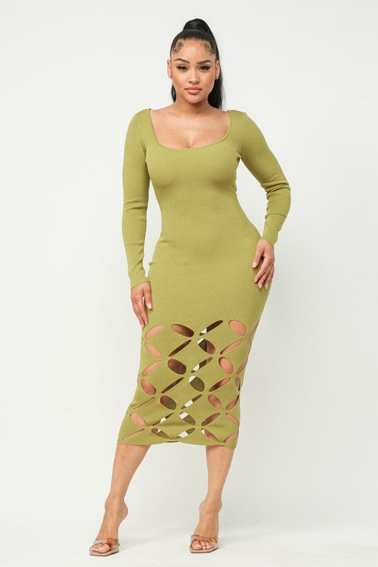 LONG SLEEVE DIAMOND CUT OUT MIDI Knit DRESS