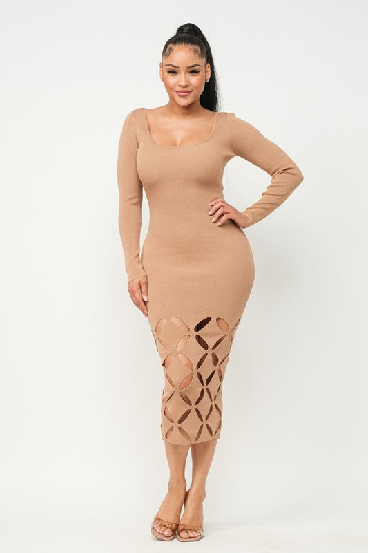 LONG SLEEVE DIAMOND CUT OUT MIDI Knit DRESS