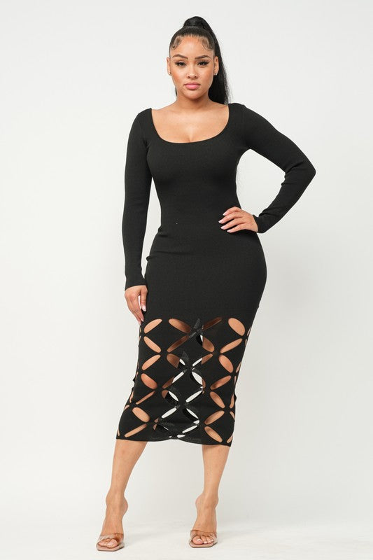 LONG SLEEVE DIAMOND CUT OUT MIDI Knit DRESS