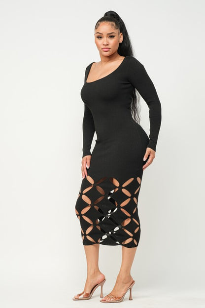 LONG SLEEVE DIAMOND CUT OUT MIDI Knit DRESS