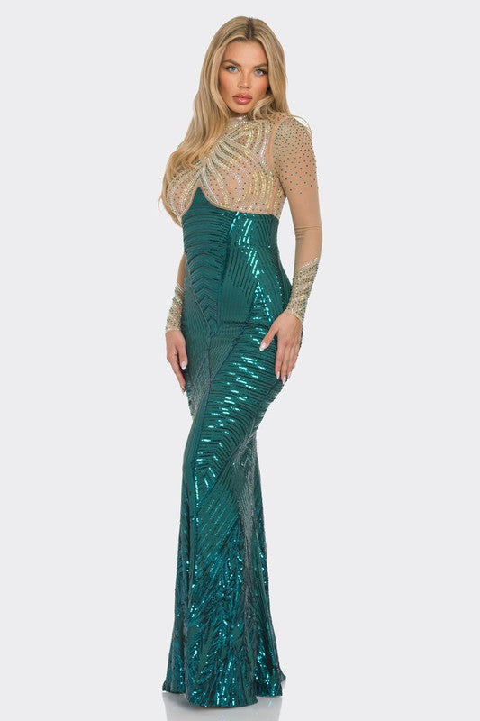 SEQUIN LONG SLEEVE MAXI Cocktail  DRESS