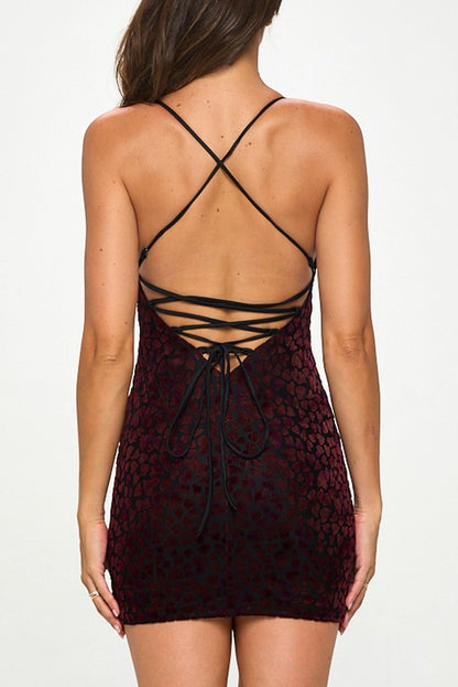 VELVET HEART BACK LACE-UP MINI DRESS Bella Chica VELVET HEART BACK LACE-UP MINI DRESS Bella Chica