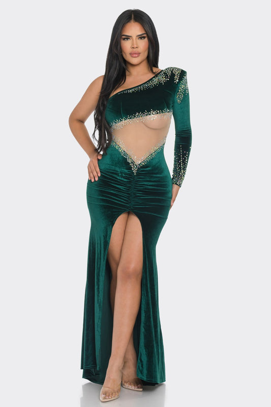 RHINESTONE VELVET ONE SHOULDER MAXI Cocktail DRESS