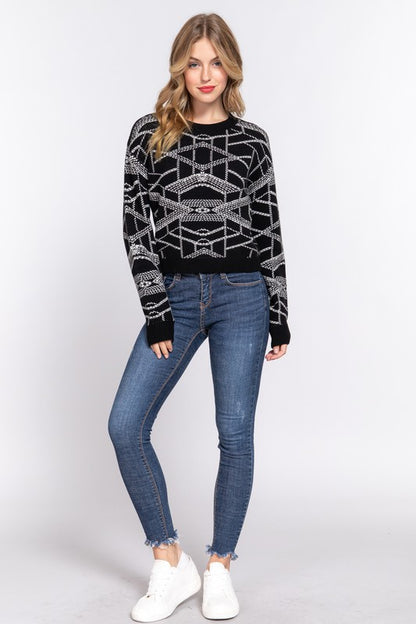 LONG SLV AZTEC PATTERN JACQUARD SWEATER